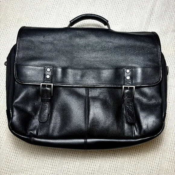 Samsonite Black Classic Leather Flapover Business Satchel Bag—Fits‎ 2 Laptops - Picture 4 of 16